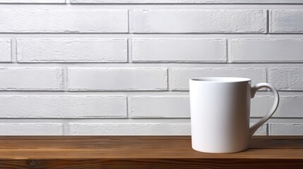  a white coffee cup sitting on top of a wooden table.  generative ai