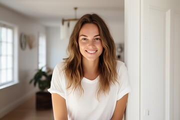 Naklejka premium Strahlendes Lächeln: Schöne Frau im weißen T-Shirt mit makellosen Zähnen