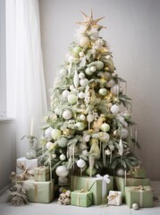 A beautifully decorated Christmas tree with presents underneath