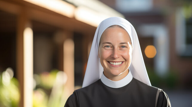 Portrait of a nun against a church background