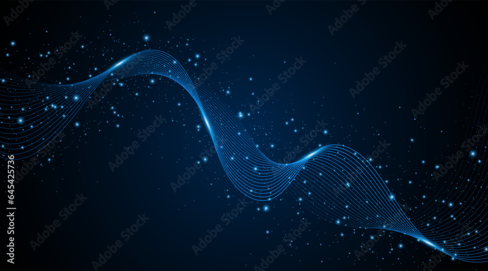 Poster Abstract wave motion with glowing particle dots. High tech futuristic concept on dark blue background. vector illustration	