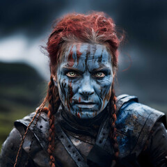 Bloody female viking with red hair after battle