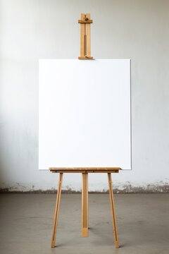 An empty wooden easel with a blank white canvas