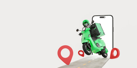 3D food delivery.white color background.The Green Bike came out of the phone .carrier on freight scooter and delivery bag,Green and white color background.GPS Icon