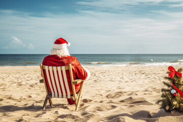 Santa Claus sitting in deck chair on the beach. Christmas holiday concept