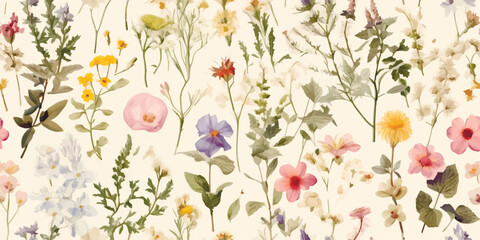 Fototapeta na wymiar Modern contemporary Seamless pattern with ethereal wildflowers, leaves. vintage dry pressed wild flower plants, grass. Nature floral background. Texture for Cloth, Textile, Wallpaper, fashion prints