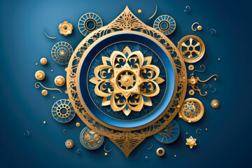 golden ornate mandala on blue background.