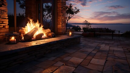 Fireplace with natural view at sunset