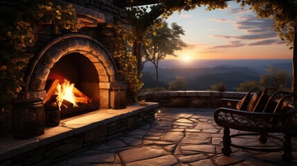 Fireplace with natural view at sunset