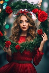 Naklejka premium A woman in a red dress holding a wreath
