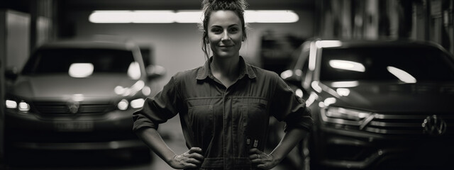 Fototapeta na wymiar Portrait of a female mechanic in a car service against the backdrop of cars.
