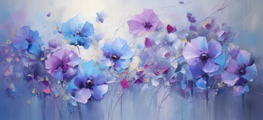 Poster A vibrant floral painting with purple and blue flowers against a serene blue background © pham
