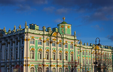 Facade of Hermitage Museum (Winter Palace) in Saint Petersburg, Russia. Beautiful building was built in 1754-1762 and is a famous tourist attraction.