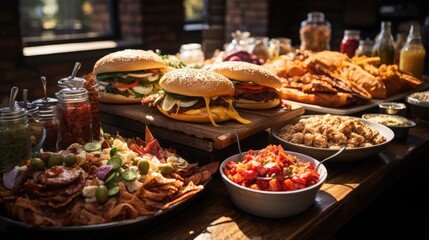 Obraz premium food buffet table dishes, Pizza, hamburgers, fried chicken