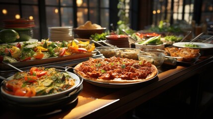 food buffet table dishes, Pizza, hamburgers, fried chicken