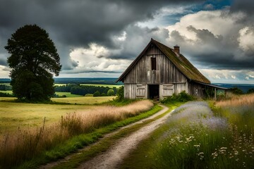 Barn in the field in a cloudy weather.