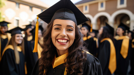 Happy smiling graduating student girl in an academic gown standing in front of other alumni
