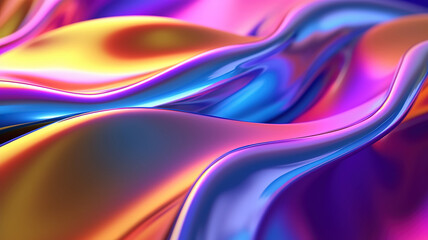 Naklejka premium Abstract 3d render, iridescent, glossy, reflective metallic,aorganic curve wave. Generative ai