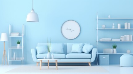 Stylish minimalist monochrome interior of modern cozy living room in white and pastel blue tones. Trendy couch, coffee table, racks, floor lamp, wall clock. Creative home design. Mockup, 3D rendering.