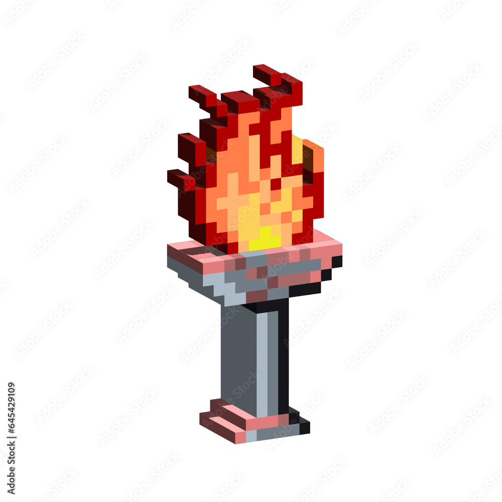 Poster isometric pixel art 3d of torch halloween for items asset. red torch for halloween on pixelated styl