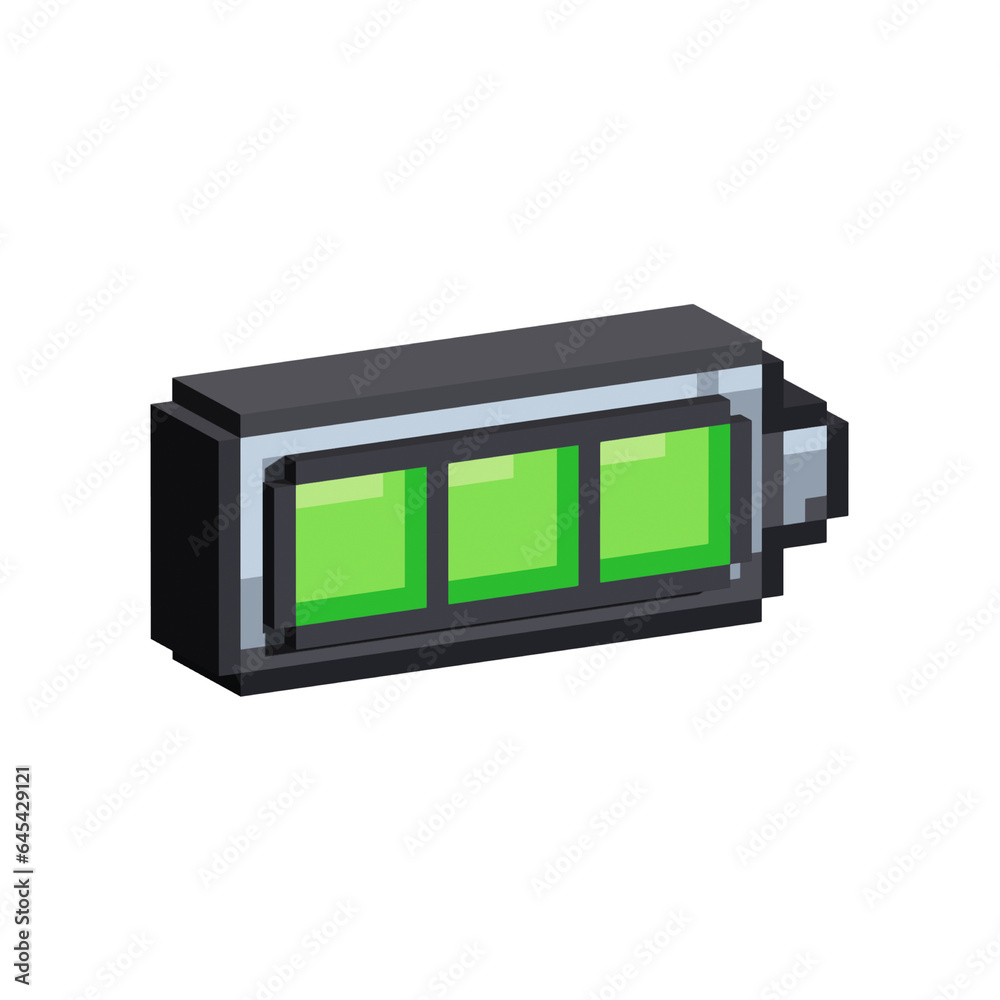 Poster isometric pixel art 3d of green ful battery bar for items asset. full energy bar on pixelated style.