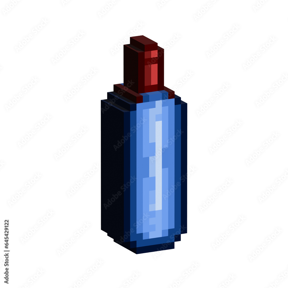Poster isometric pixel art 3d of wine bottle for items asset. blue wine bottle on pixelated style.8bits per