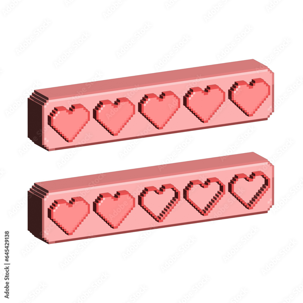 Poster Isometric Pixel art 3d of heart bar for items asset. pink heart bar 3d on pixelated style.8bits perfect for game asset or design asset element for your game design asset.