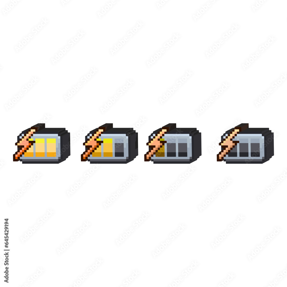 Poster isometric pixel art 3d of thunder energy bar for items asset. charge battery thunder energy bar on p