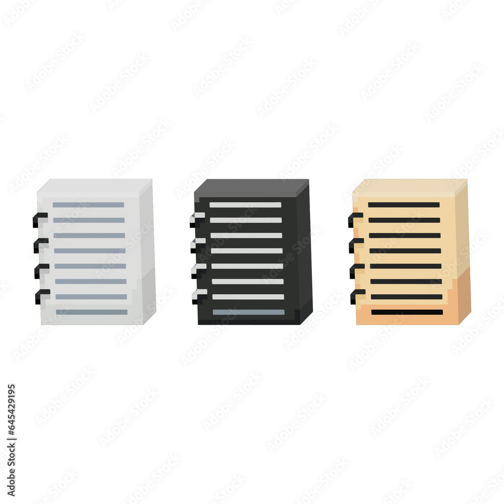 Poster pixel art sets of papper with variation color items asset. white,black,and brown papper on pixelated