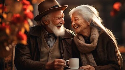 portrait of an elderly, grey-haired happy couple smiling in the autumn park drinking coffee
