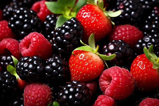 Close up macro view image of various fresh sweet summer berries made with generative ai technology