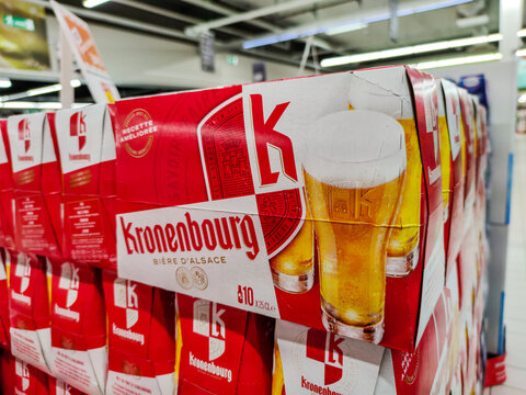 Close up on Pack of Kronenbourg beer on aile of French supermarket