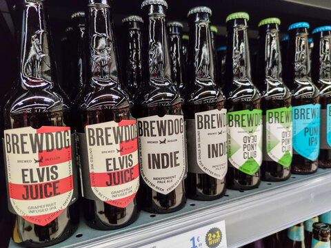 Supermarket shelves filled with full of "Brewdog" brand Beer bottles