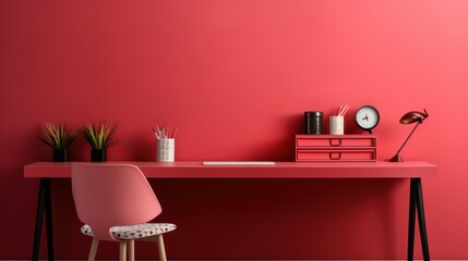 Stylish minimalist monochrome interior of modern office room in pastel carmine red and pink tones. Large desktop, office tools, table lamp, houseplants, chair. Creative design. Mockup, 3D rendering.