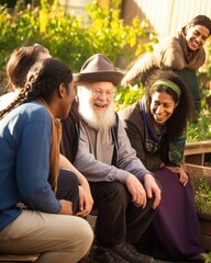 A diverse group of people from various backgrounds and religions joyfully engage in gardening, showcasing unity and collaboration. Ideal for themes of community, diversity, and outdoor activities.