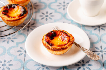 Egg tart, traditional Portuguese dessert, pastel de nata.