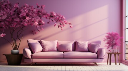 Stylish minimalist interior of modern cozy living room in pastel pink and lilac tones. Comfortable trendy couch, coffee table, decorative tree in a pot, creative design details. Mockup, 3D rendering.