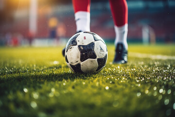 Picture of a sporty running man in soccer cleats sneakers on a muddy green field generative AI concept