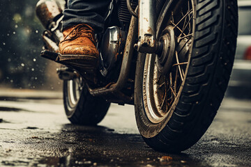 Generative AI close up picture of male legs in leather stylish footwear riding on a moped in the...