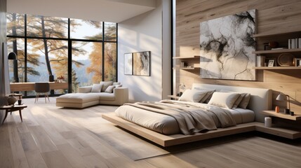 Interior of minimalist scandi bedroom in luxury villa. Decorative wall, simple wooden bed and elements of furniture, chillout area, panoramic window with scenic landscape. Ecodesign. 3D rendering.