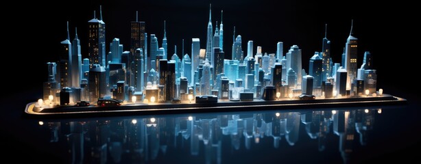 A cityscape at night with illuminated skyscrapers
