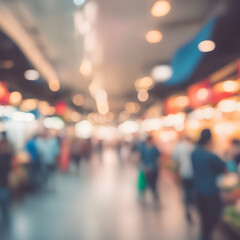 Blurred Background Abstract Bokeh Shelving unit in Shopping store supermarket look at the lights.
