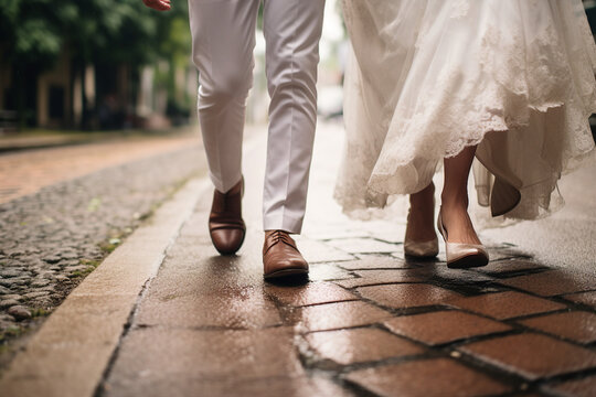 Close up photo of young people in nice stylish shoes going to wedding ceremony made with generative AI