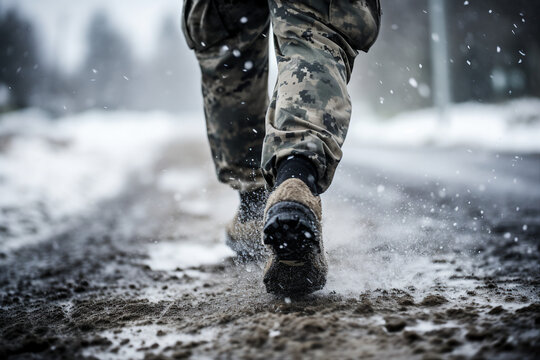  Made with generative AI close up photo of military legs on the battlefield ground snowy street outdoors