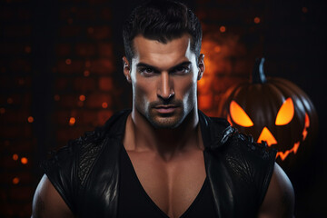 Creative virtual collage generative ai photo of strong dark fighter in fantasy world halloween night