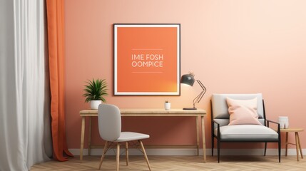Stylish minimalist monochrome interior of modern office room in pastel orange and beige tones. Wooden desktop with table lamp, chair, armchair, houseplants, poster template. Mockup, 3D rendering.