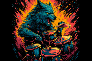 A werewolf enthusiastically playing the drum. Rock musician. Generative AI