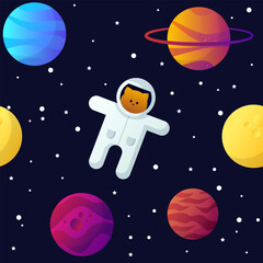 Seamless space pattern with planets, an astronaut cat and stars in a dark sky. Vector gradient illustration.