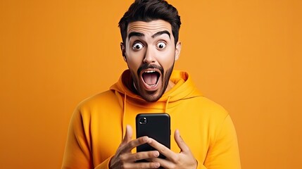 handsome man exited surprise face expression . Male feels shocked with the phone. exciting smile and happy adorable rejoices. Very enjoy and fun relax time. wow, girl holding smartphone.