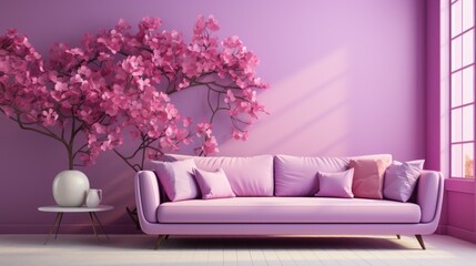 Stylish minimalist monochrome interior of modern cozy living room in pastel pink and purple tones. Trendy couch, coffee table, decorative tree in a vase. Creative home design. Mockup, 3D rendering.